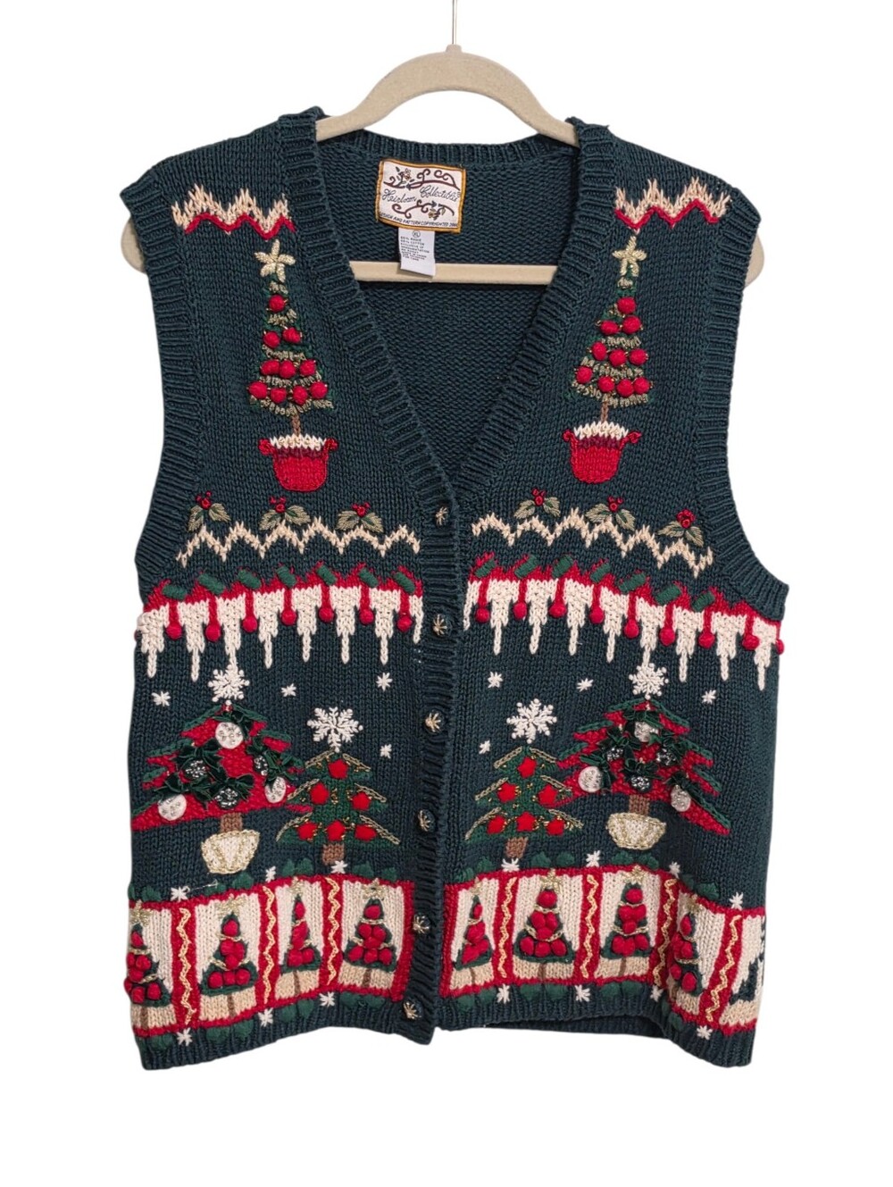 Vintage Heirloom Collectibles Christmas 3D Knit Sweater Vest XL Green Red